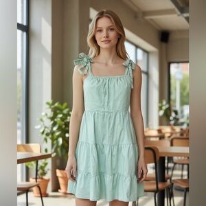 S’Edge, Mint Green Tiered Mini Dress with Tie Straps, Size S | 2200